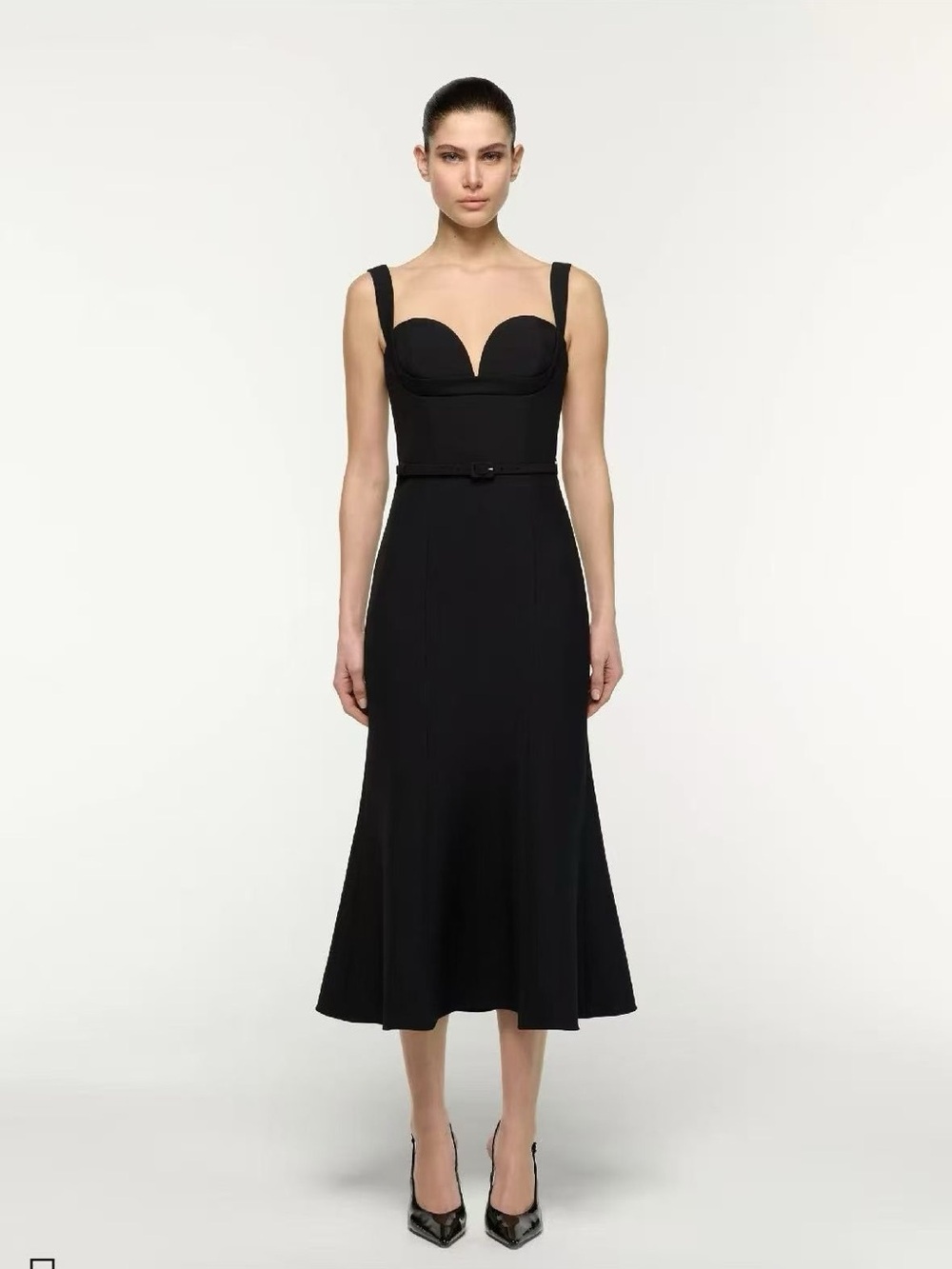 NWOT Roland Mouret Black Sweetheart Midi Dress with Belt, Size US 2/4/6/8